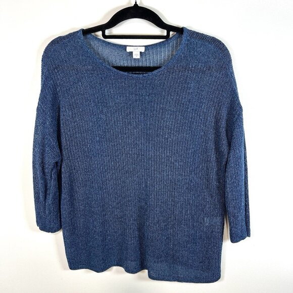 J. Jill Women's Blue Linen 3/4‎ Sleeve Sweater Size Medium Beach Boho Mesh - Picture 1 of 9